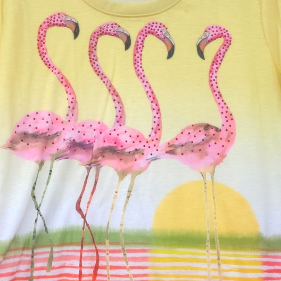 Beaded Flamingo T-shirt Short Sleeve Scoop Neck Yellow Pink Collectors Item - Picture 1 of 6